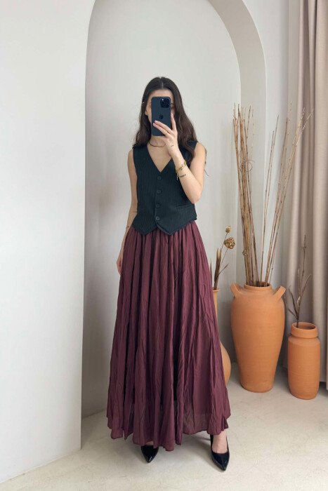 ONE COLOR ELASTIC WAIST LONG WOMEN SKIRT BURGUNDY/VISHNJE - 2