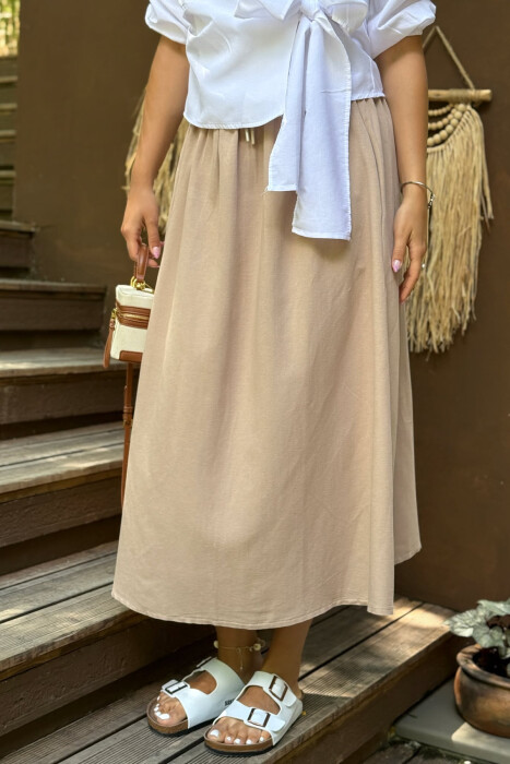 ONE COLOR ELASTIC WAIST LONG WOMEN SKIRT LIGHT BROWN/KAZB - 1