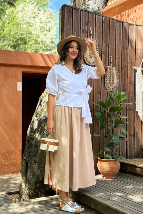 ONE COLOR ELASTIC WAIST LONG WOMEN SKIRT LIGHT BROWN/KAZB - 7
