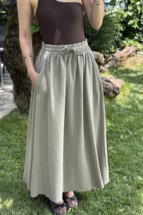 ONE COLOR ELASTIC WAIST LONG WOMEN SKIRT OLIVE/ULLI - 1