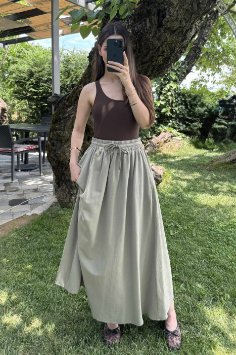 ONE COLOR ELASTIC WAIST LONG WOMEN SKIRT OLIVE/ULLI - 12