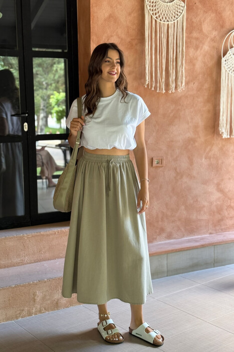 ONE COLOR ELASTIC WAIST LONG WOMEN SKIRT OLIVE/ULLI - 8
