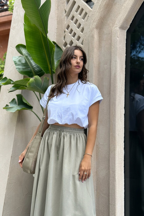 ONE COLOR ELASTIC WAIST LONG WOMEN SKIRT OLIVE/ULLI - 11