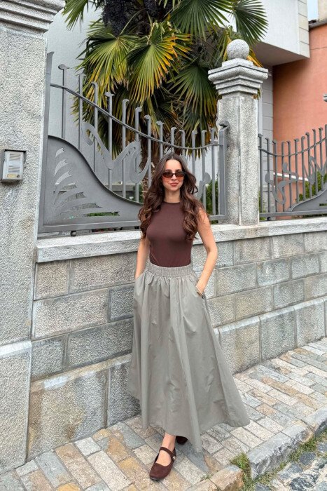 ONE COLOR ELASTIC WAIST LONG WOMEN SKIRT OLIVE/ULLI - 1