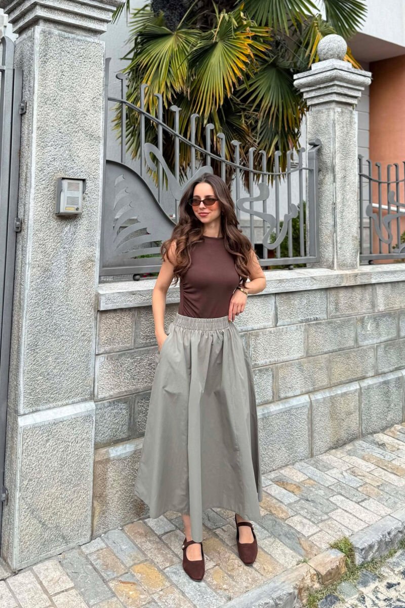 ONE COLOR ELASTIC WAIST LONG WOMEN SKIRT OLIVE/ULLI - 3