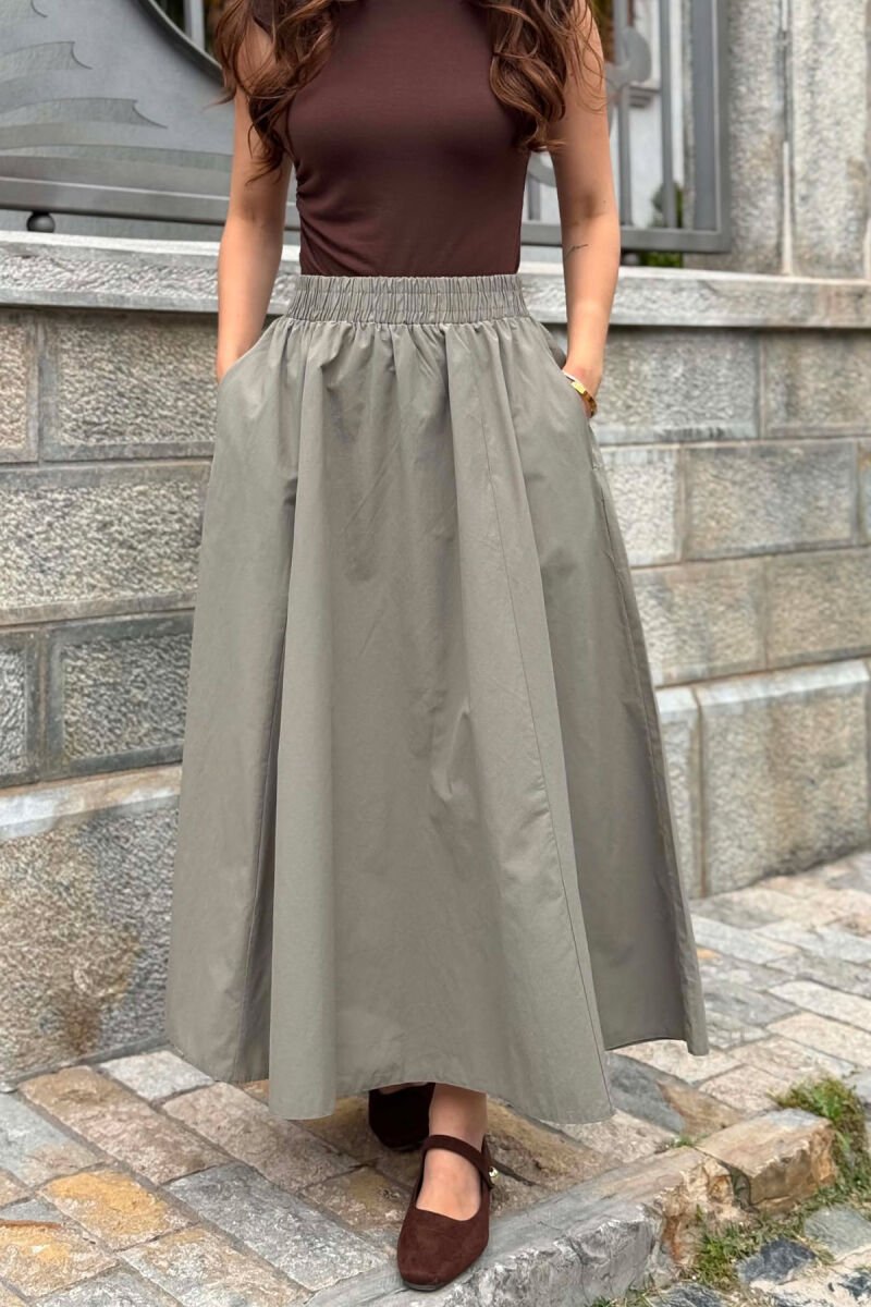 ONE COLOR ELASTIC WAIST LONG WOMEN SKIRT OLIVE/ULLI - 4