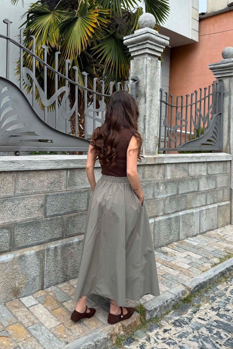 ONE COLOR ELASTIC WAIST LONG WOMEN SKIRT OLIVE/ULLI - 5