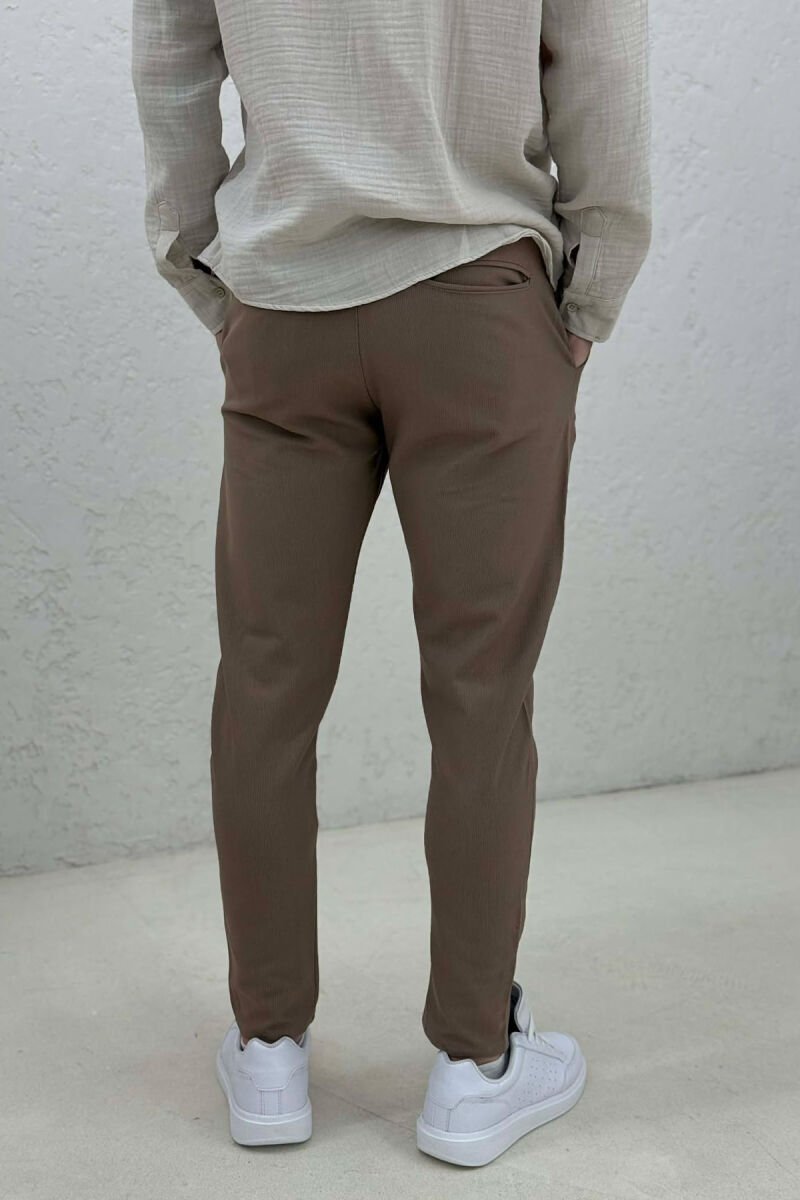 ONE COLOR ELASTIC WAIST MEN PANTS BROWN/KAFE - 2