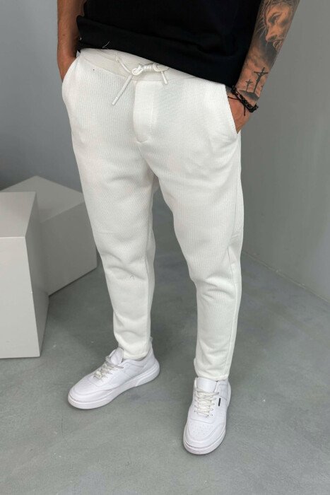 ONE COLOR ELASTIC WAIST MEN SWEATPANTS WHITE-E BARDHE - 2