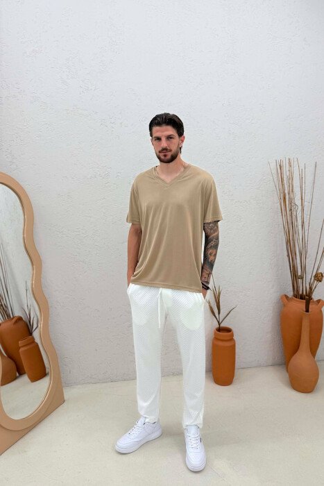 ONE COLOR ELASTIC WAIST MEN SWEATPANTS WHITE-E BARDHE - 1