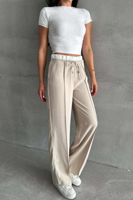 ONE COLOR ELASTIC WAIST SIDE LINE WOMAN TROUSERS CREAM/KREM 