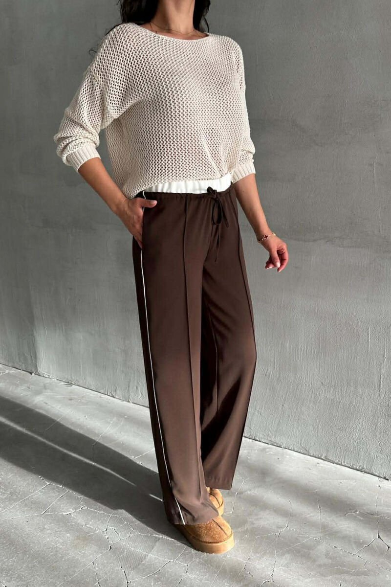 ONE COLOR ELASTIC WAIST SIDE LINE WOMAN TROUSERS DARK BROWN/KAE - 2