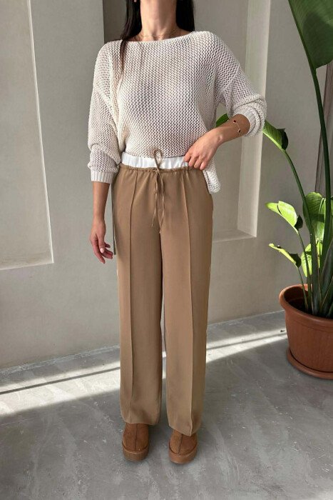 ONE COLOR ELASTIC WAIST SIDE LINE WOMAN TROUSERS LIGHT BROWN/KAZB - 1