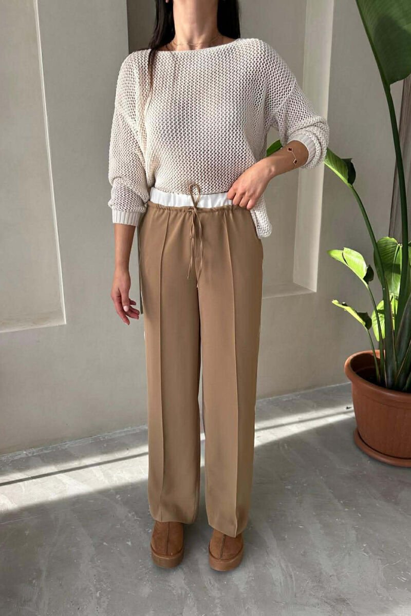 ONE COLOR ELASTIC WAIST SIDE LINE WOMAN TROUSERS LIGHT BROWN/KAZB - 1