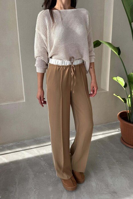 ONE COLOR ELASTIC WAIST SIDE LINE WOMAN TROUSERS LIGHT BROWN/KAZB - 2