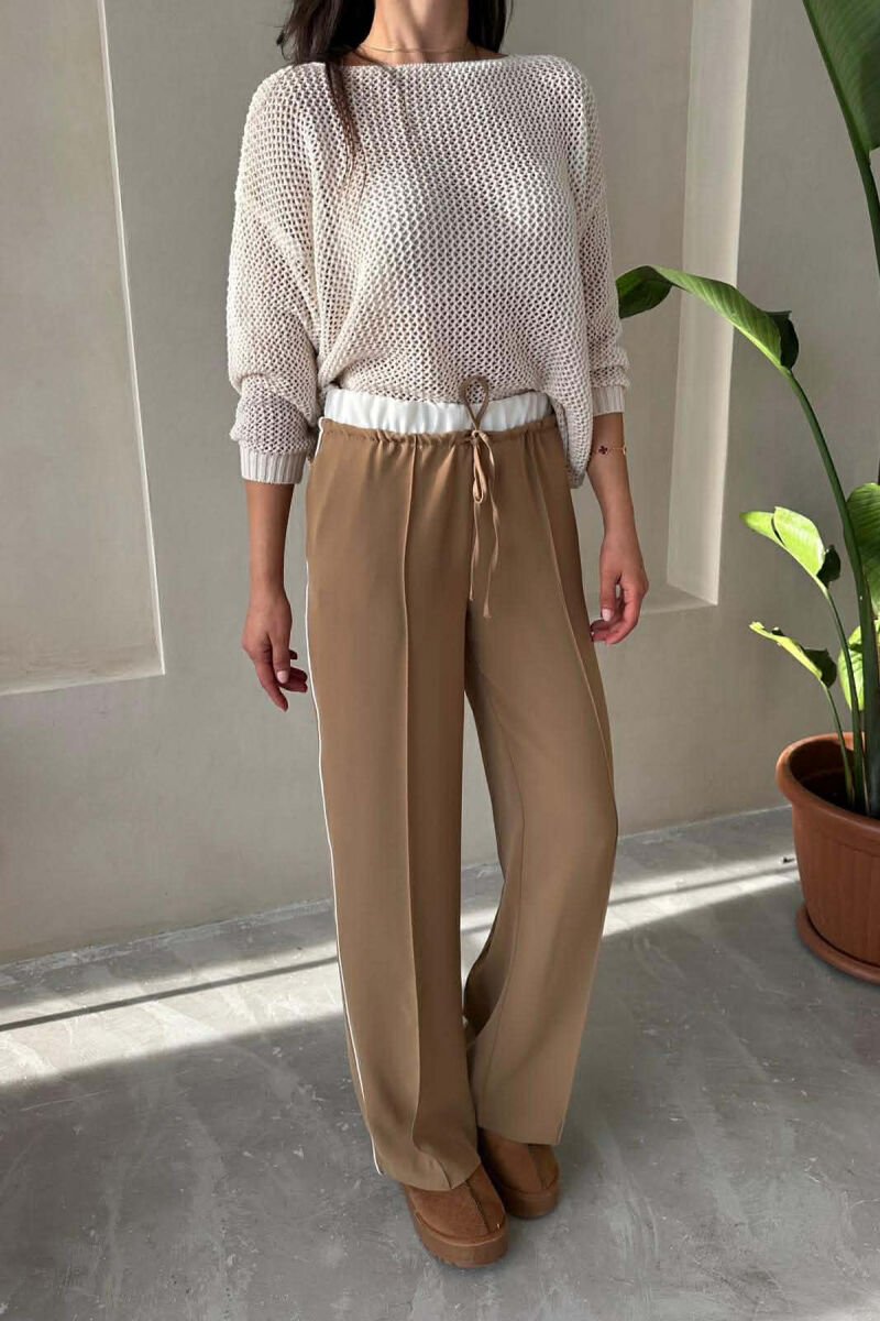 ONE COLOR ELASTIC WAIST SIDE LINE WOMAN TROUSERS LIGHT BROWN/KAZB - 2