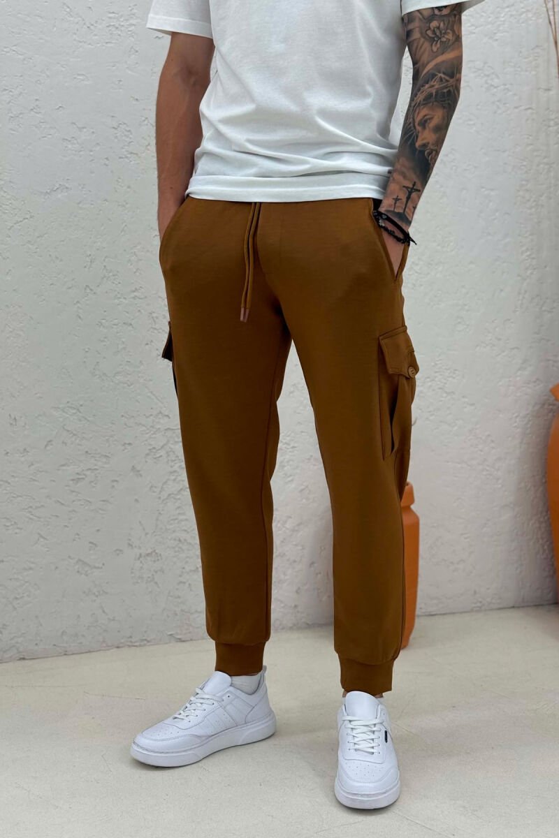 ONE COLOR ELASTIC WAIST SIDE POCKETS MEN SWEATPANTS BROWN/KAFE - 2