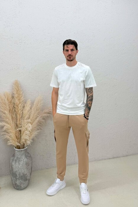 ONE COLOR ELASTIC WAIST SIDE POCKETS MEN SWEATPANTS LIGHT BROWN/KAZB - 1