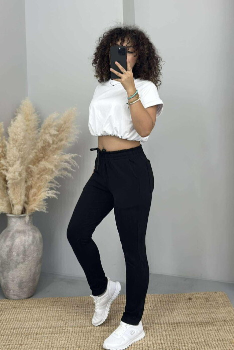 ONE COLOR ELASTIC WAIST SIMPLE WOMEN SWEATPANTS BLACK/ E ZEZE - 3
