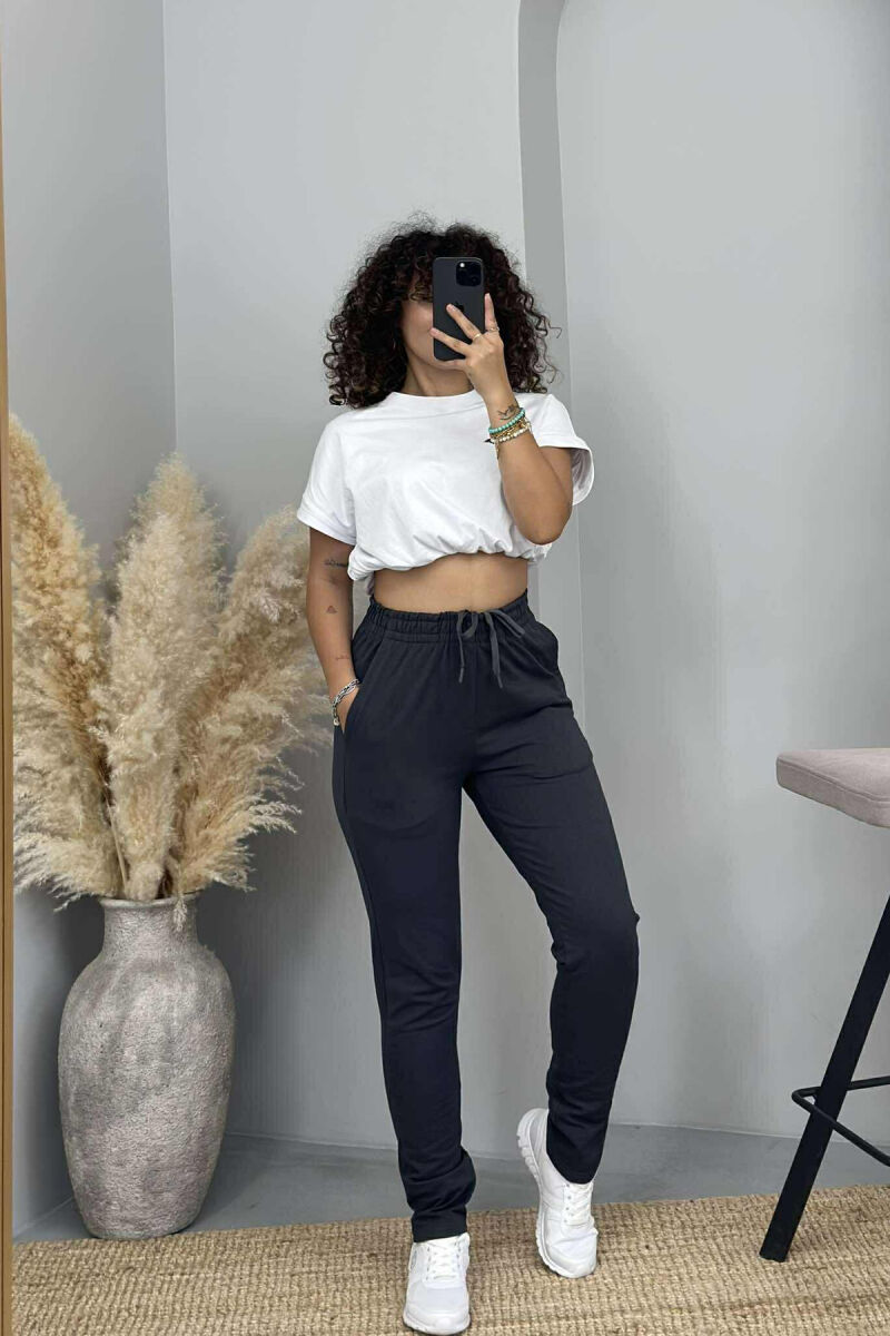 ONE COLOR ELASTIC WAIST SIMPLE WOMEN SWEATPANTS DARK GREY/GEE - 1