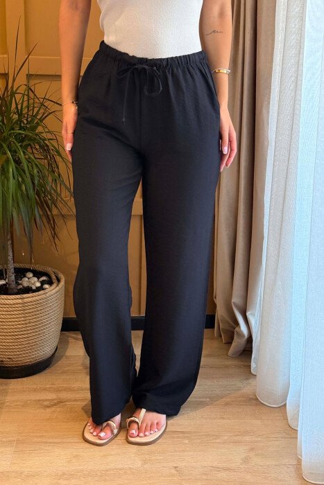 ONE COLOR ELASTIC WAIST SIMPLE WOMEN TROUSERS BLACK/ E ZEZE - 3