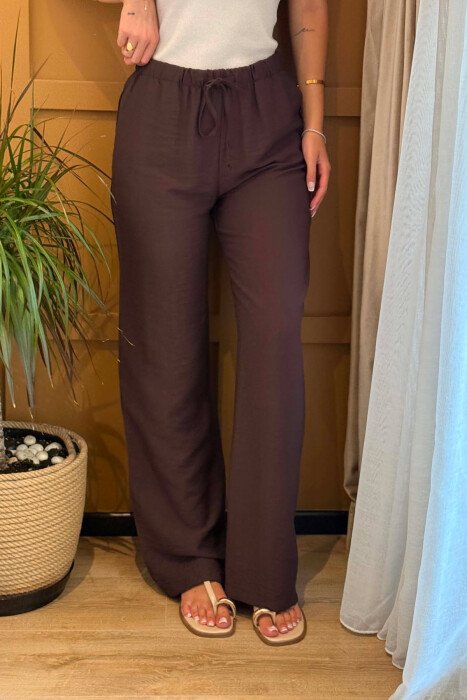 ONE COLOR ELASTIC WAIST SIMPLE WOMEN TROUSERS DARK BROWN/KAE - 3