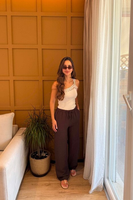 ONE COLOR ELASTIC WAIST SIMPLE WOMEN TROUSERS DARK BROWN/KAE - 4