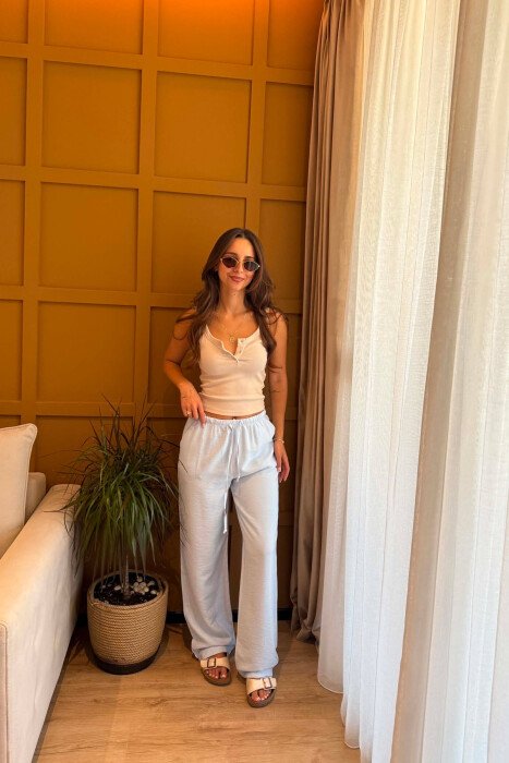 ONE COLOR ELASTIC WAIST SIMPLE WOMEN TROUSERS LIGHTBLUE/BZ - 2