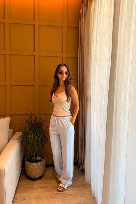 ONE COLOR ELASTIC WAIST SIMPLE WOMEN TROUSERS LIGHTBLUE/BZ - 3