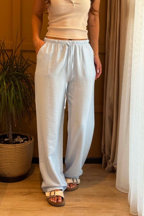 ONE COLOR ELASTIC WAIST SIMPLE WOMEN TROUSERS LIGHTBLUE/BZ - 4