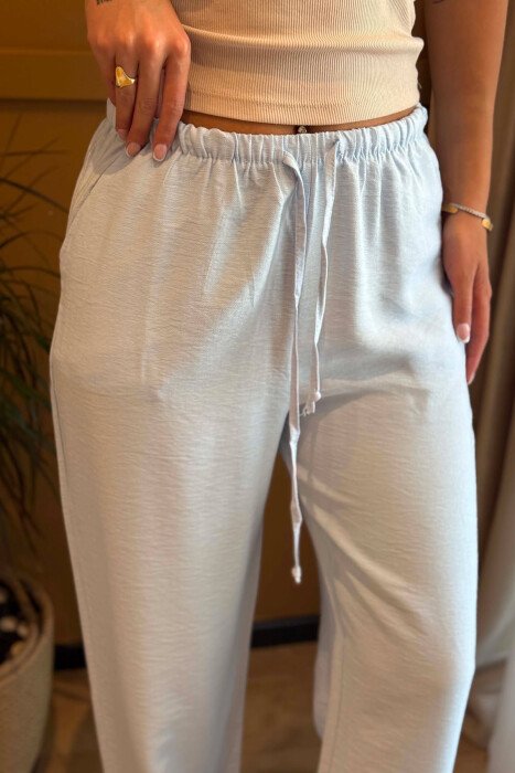 ONE COLOR ELASTIC WAIST SIMPLE WOMEN TROUSERS LIGHTBLUE/BZ - 5