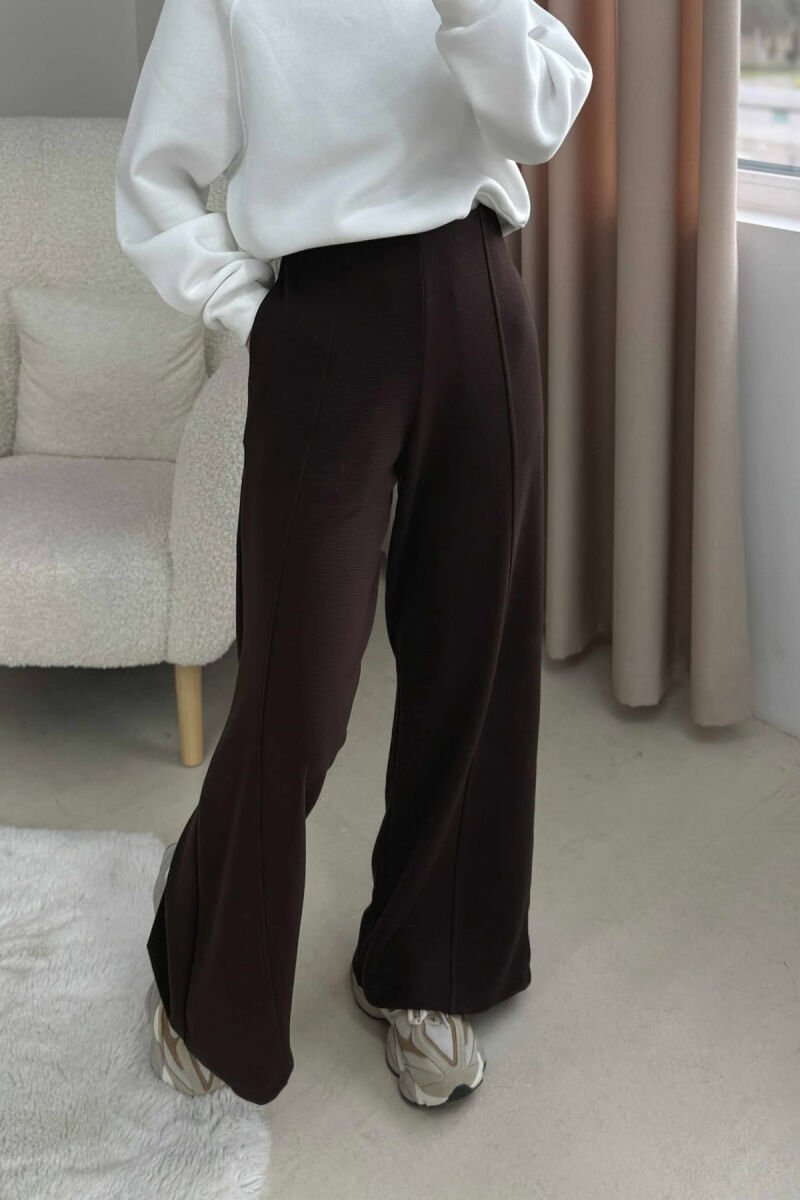 ONE COLOR ELASTIC WAIST WIDE LEG WOMEN TROUSERS BROWN/KAFE - 1