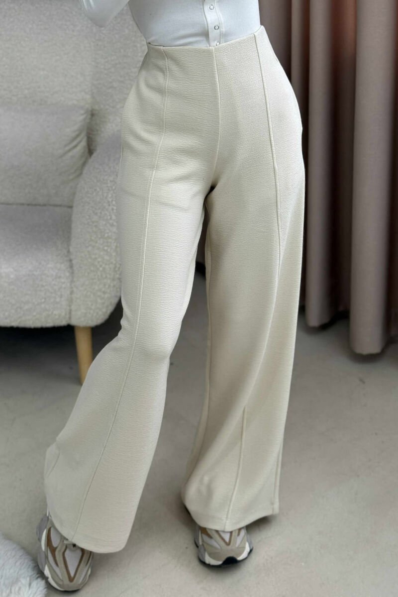 ONE COLOR ELASTIC WAIST WIDE LEG WOMEN TROUSERS CREAM/KREM - 1