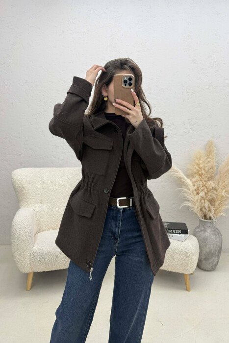 ONE COLOR ELASTIC WAIST WOMAN COAT BROWN/KAFE 