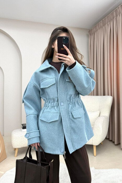 ONE COLOR ELASTIC WAIST WOMAN COAT LIGHTBLUE/BZ 