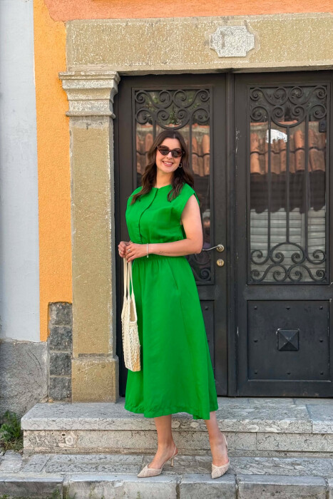 ONE COLOR ELASTIC WAIST WOMAN DRESS GREEN/JESHILE - 6