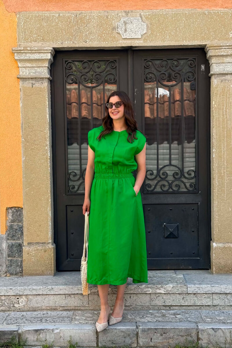 ONE COLOR ELASTIC WAIST WOMAN DRESS GREEN/JESHILE - 7