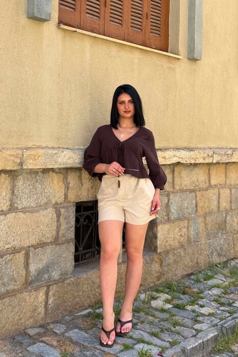 ONE COLOR ELASTIC WAIST WOMAN SHORTS BEIGE/BEZHE - KLAUDIO FASHION