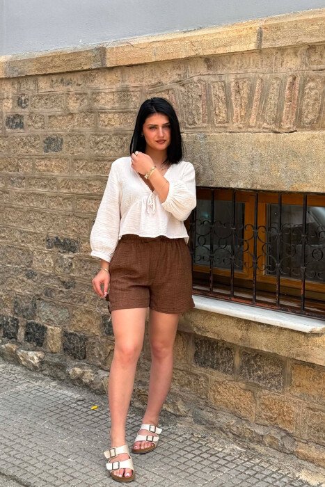 ONE COLOR ELASTIC WAIST WOMAN SHORTS BROWN/KAFE - 1