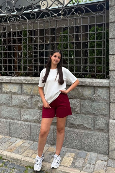 ONE COLOR ELASTIC WAIST WOMAN SHORTS BURGUNDY/VISHNJE - KLAUDIO FASHION
