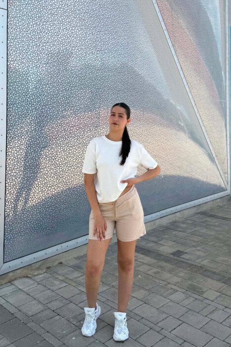 ONE COLOR ELASTIC WAIST WOMAN SHORTS LIGHT BEIGE/BZHZB - KLAUDIO FASHION