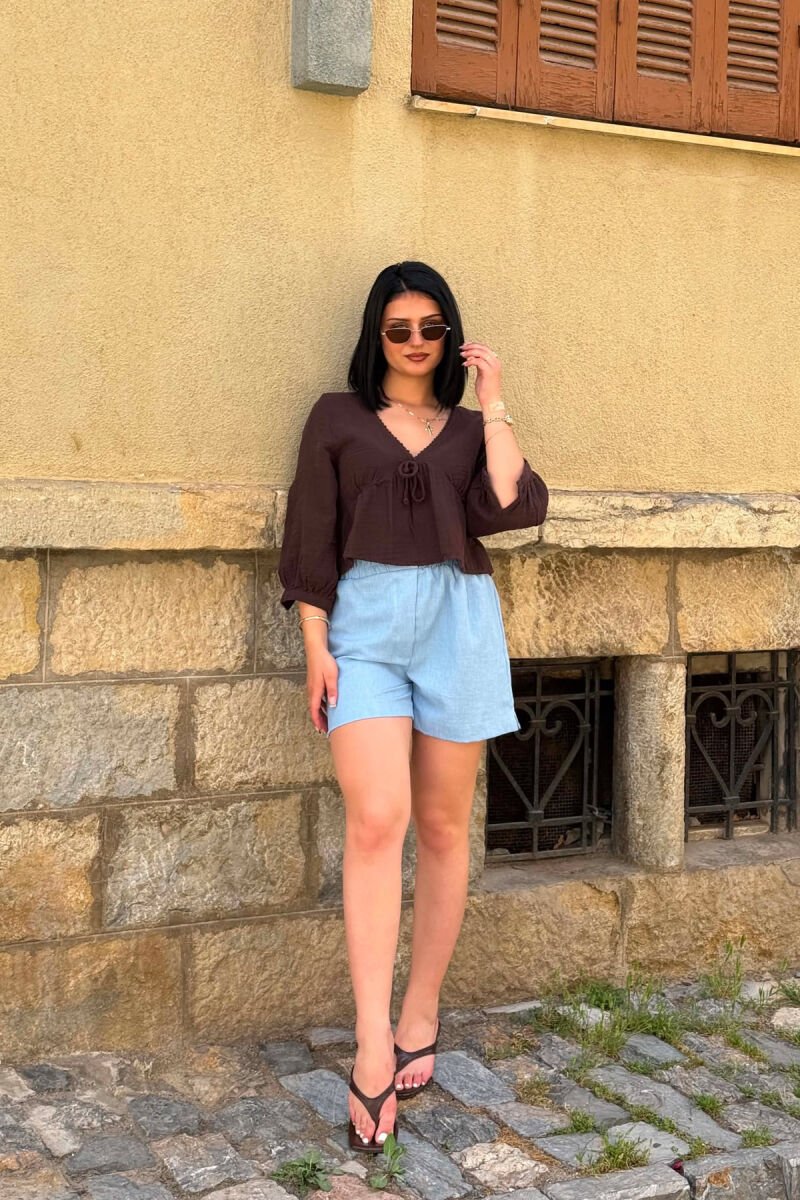 ONE COLOR ELASTIC WAIST WOMAN SHORTS LIGHTBLUE/BZ - 3