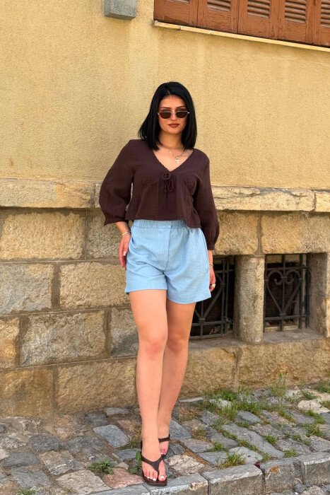 ONE COLOR ELASTIC WAIST WOMAN SHORTS LIGHTBLUE/BZ - 7