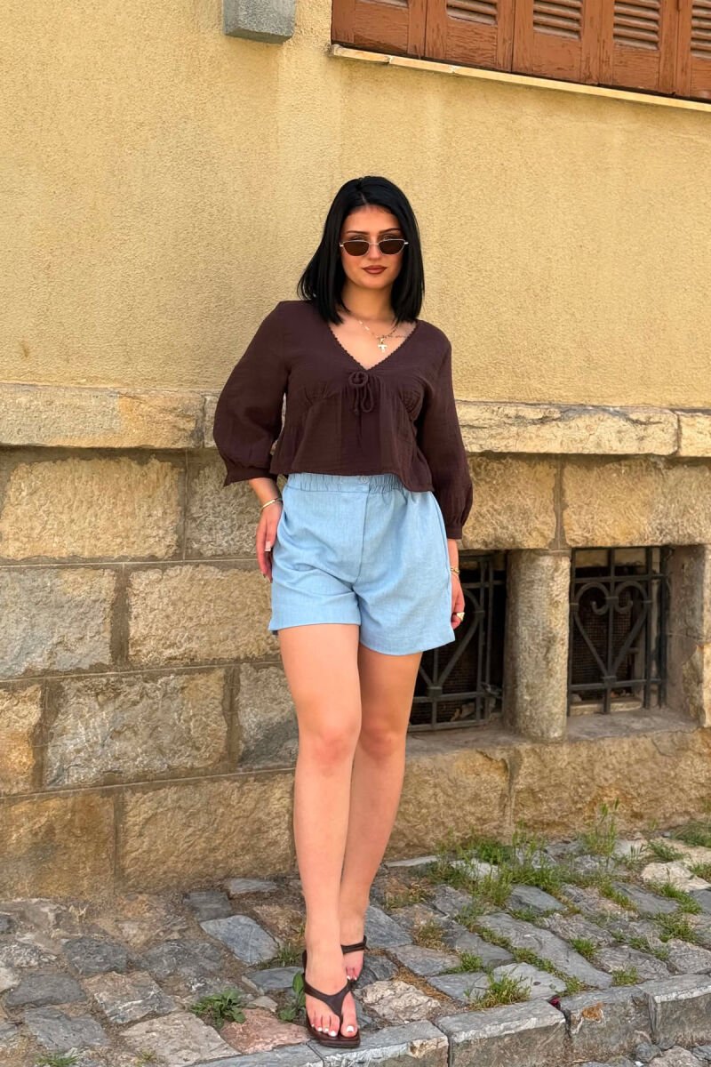 ONE COLOR ELASTIC WAIST WOMAN SHORTS LIGHTBLUE/BZ - 7