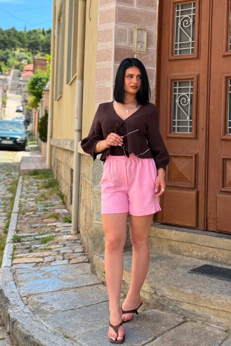PANTALLONA TE SHKURTRA ME BEL ELASTIK PER FEMRA NE NGJYRE ROZE - KLAUDIO FASHION