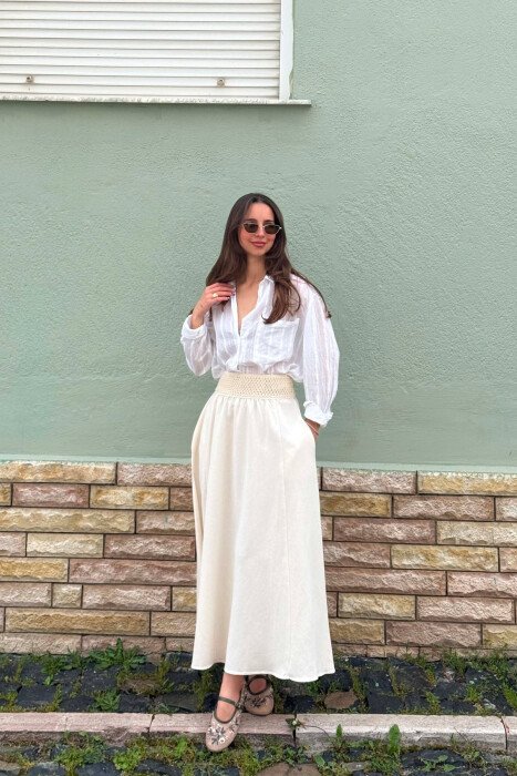 ONE COLOR ELASTIC WAIST WOMAN SKIRT CREAM/KREM - 1