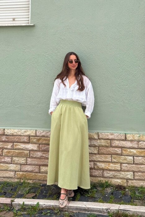 ONE COLOR ELASTIC WAIST WOMAN SKIRT LIGHT GREEN/JEZB - KLAUDIO FASHION