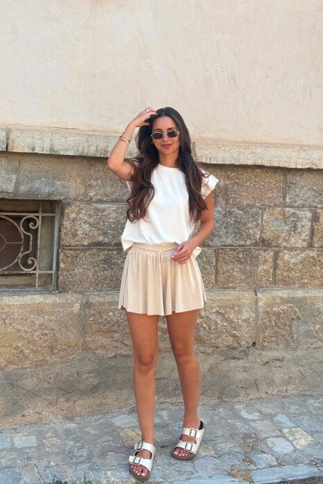 ONE COLOR ELASTIC WAIST WOMAN SHORTS BEIGE/BEZHE 