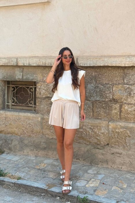 ONE COLOR ELASTIC WAIST WOMAN SHORTS CREAM/KREM 