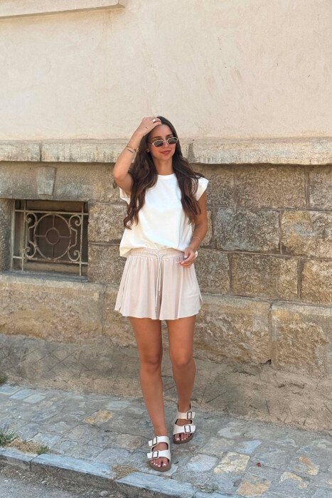 ONE COLOR ELASTIC WAIST WOMAN SHORTS CREAM/KREM - 2